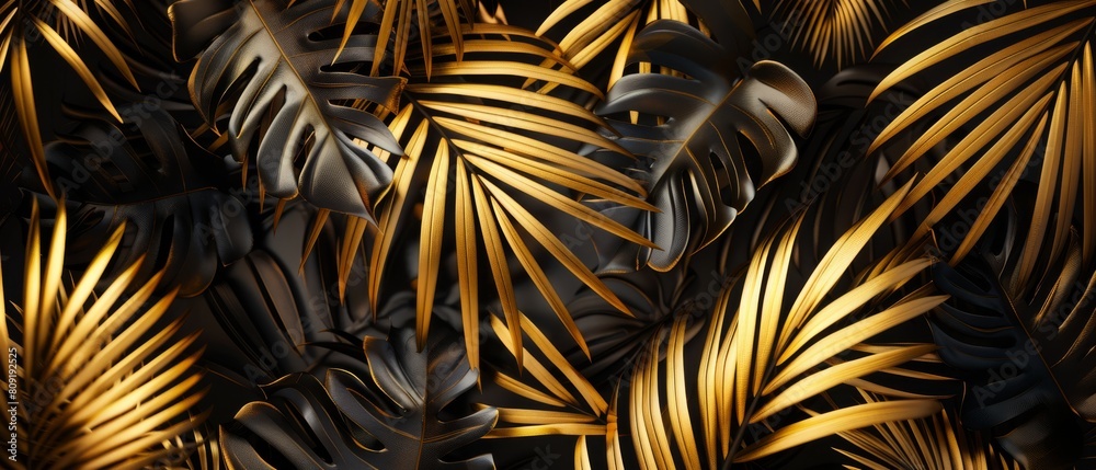 Poster Gold and black tropical palm leaves