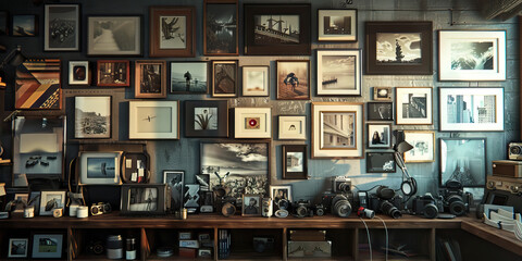 Photographer's Studio Wall: Covered in photographs, both framed and unframed, with a shelf holding cameras and lenses