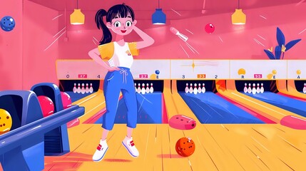 Woman exhibiting determination in dimly lit bowling alley