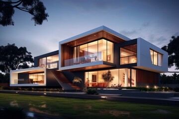 Obraz premium Contemporary house with illuminated interiors during dusk