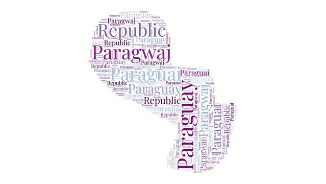 Paraguay shape word cloud animation. Country boundary filled with country names animated. Paraguay presentation video.