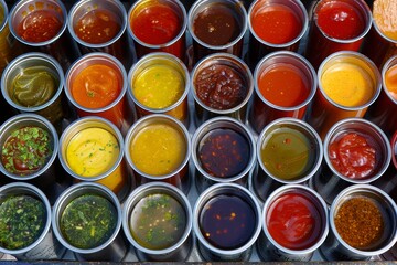 Various paint cans filled with a range of vibrant colors, showcasing a colorful palette for artistic projects, A colorful array of BBQ sauces and marinades