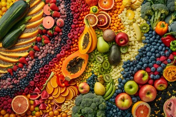 Various colorful fruits and vegetables are neatly arranged together in a vibrant display, A colorful array of fruits and vegetables arranged in a vibrant pattern