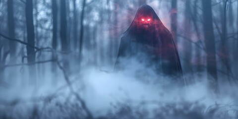 Ghostly Figure with Glowing Red Eyes Haunts Foggy Woods at Midnight. Concept Horror Photography, Spooky Portraits, Ghostly Encounters, Midnight Woods, Red Eyes