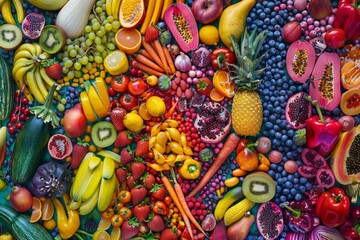 Various fresh fruits and vegetables are displayed in a colorful and organized arrangement, A colorful array of fruits and vegetables arranged in a vibrant pattern