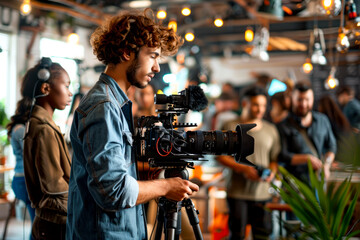 Creative Cinematography Team in Vibrant Studio with Diverse Crew Male Videographer Leading the Shoot Lighting Gear and Production Review
