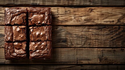   A chocolate brownie sits atop a wooden table, near a separate chunk of chocolate resting on a...