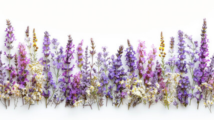 A row of purple and yellow flowers are arranged in a line