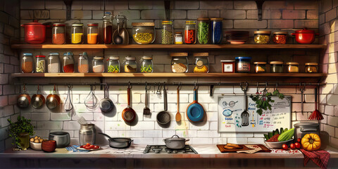 Chef's Kitchen Wall: Lined with hanging pots and pans, shelves filled with spices and cooking utensils, and a whiteboard with menu plans