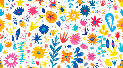 Naklejka premium Vibrant floral pattern with colorful wildflowers and leaves. Ideal for spring and summer textile design, wallpaper, and stationery
