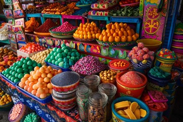 Fototapeta premium An assortment of colorful fruits and vegetables creating a lively and appealing display, A colorful array of traditional Mexican candies and sweets