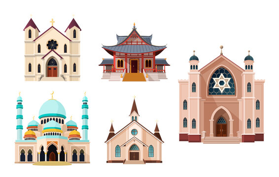 Catholic and Orthodox church, Buddhist temple, Synagogue, mosque buildings. isolated vector illustrations suitable for maps, prints, infographics, greeting cards and posters. Historical facade.