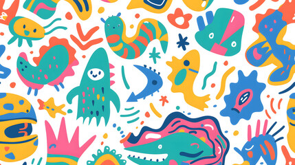 Colorful abstract dinosaur and sea creature pattern. Playful and vibrant design for children's textile, wallpaper, and educational materials
