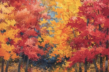 Dense forest painting showcasing vibrant colors of trees in full bloom during autumn, A colorful autumn scene with trees ablaze in red, orange, and yellow leaves