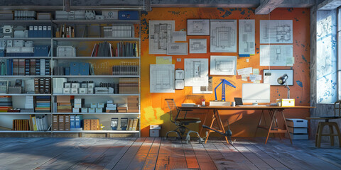 Architect's Wall: Covered in blueprints and sketches, with color swatches and architectural models displayed