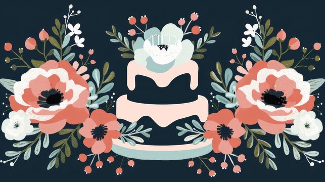   A black backdrop showcases a cake adorned with blooms and foliage, topped with Happy Birthday inscript