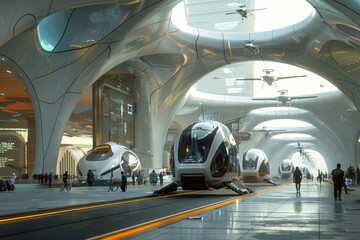 A futuristic train station with a few planes flying overhead - Powered by Adobe