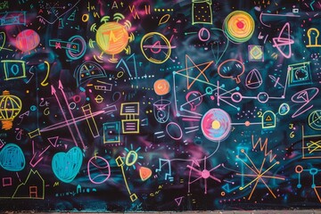A wall covered in colorful chalk with a variety of mathematical equations and symbols written on it, A colorful chalkboard with various mathematical equations and drawings on it