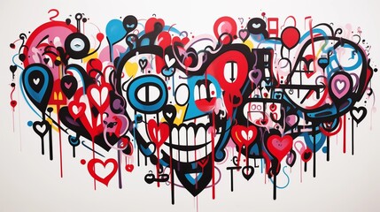 A Vibrant and Abstract Graffiti Mural Full of Heart Shapes and Playful Faces