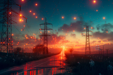 Stunning 3D Renderings of Power Transmission Lines Illuminating the Night Sky with Renewable Energy and Bright Stars