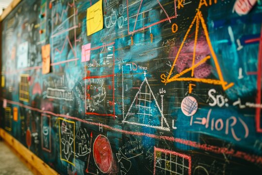 A blackboard covered with a variety of mathematical equations and formulas in different colors and styles, A colorful chalkboard with various mathematical equations and drawings on it