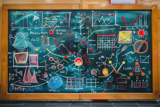 A blackboard filled with intricate mathematical equations and formulas written in colorful chalk, A colorful chalkboard with various mathematical equations and drawings on it