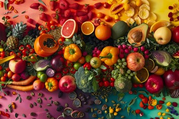 Assortment of colorful fruits and vegetables arranged neatly on a table, A colorful collage of various organic foods arranged in a visually pleasing manner