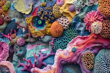 Diverse marine creatures inhabit a colorful wall of corals, creating a vibrant underwater ecosystem, A colorful coral reef with intricate patterns and shapes