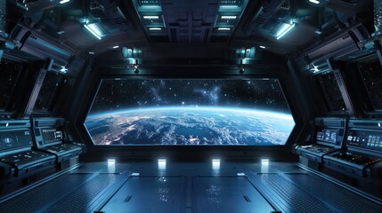 Spaceship grunge interior with view on planet Earth 3D rendering