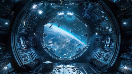 Spaceship grunge interior with view on planet Earth 3D rendering