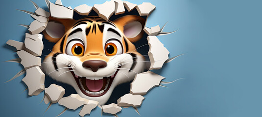 Fototapeta premium generated illustration of cute white tiger peeking out of a hole in blue cracked wall.