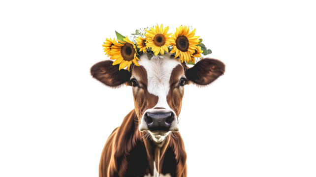 Adorable Cow with Floral Crown and Sunflowers isolated on a transparent background