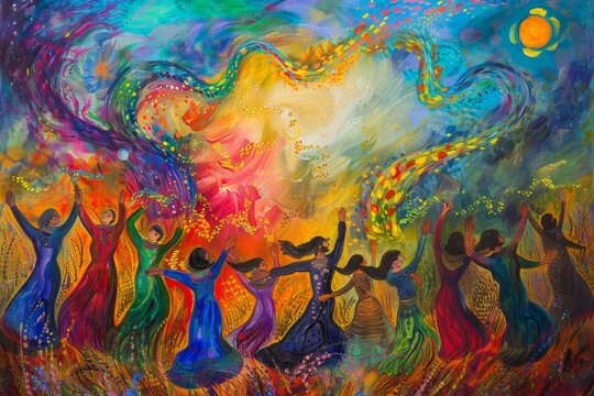 Colorful painting featuring a group of individuals joyfully dancing together in celebration, A colorful depiction of the celebration of freedom during Passover