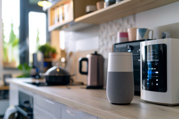 A kitchen counter with a speaker and a display that says 10:09