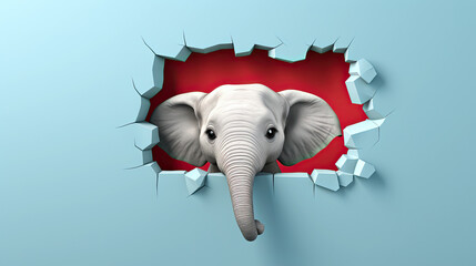 generated illustration elephant looking through a hole torn from a wall .