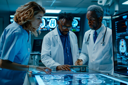 Cutting-edge Brain Tumor Treatment: Doctors Collaborate at High-Tech Medical Research Center with MRI Scans on Interactive Table