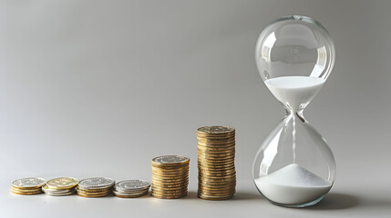 Time and money concept with hourglass and increasing coin stacks on a neutral background. Financial planning and investment theme for presentations and web design