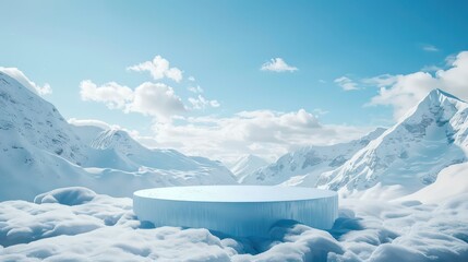 Abstract 3d render platform and ice podium background on ice snow mountain with ice river for product stand display advertising cosmetic beauty products or skincare with empty round stage