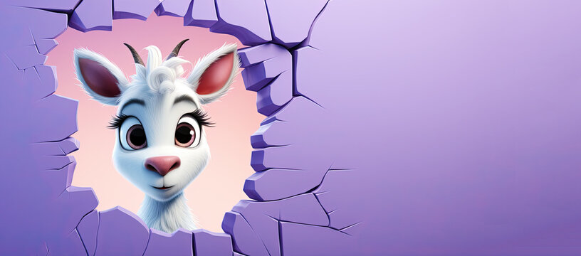 generated illustration cute llama looking through a hole torn from a wall with copy space.