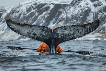 Obraz premium Awe-Inspiring Adventure: Kayaker and Whale in a Spectacular Scene