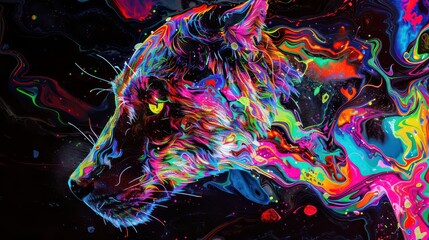 Colorful art or decor painting with lion muzzle. Colorful psychedelic neon painting