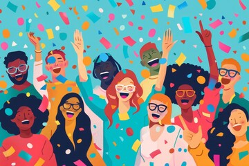 A group of people, likely teachers, celebrating joyfully by throwing confetti in the air at a festive event, A colorful illustration of a group of teachers smiling and celebrating together