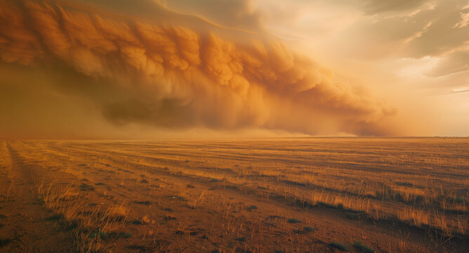 Approaching ddramatic ust storm over dry farmland