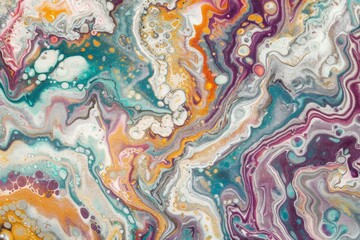 Intricate patterns and vibrant colors come together in this abstract painting featuring a mix of shapes and hues, A colorful marble background with intricate patterns and swirls