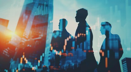 Silhouettes of business people with graphs and charts in double exposure over abstract background Concept for financial, stock market or teamwork theme Generative AI