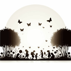   silhouette of a group of children playing in a sunlit meadow, surrounded by butterflies