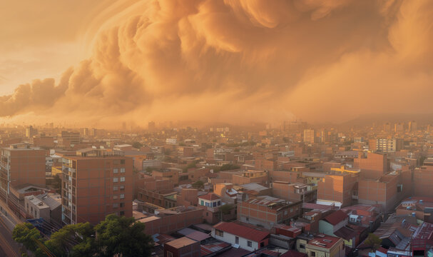 Dramatic dust storm looming over the urban skyline..