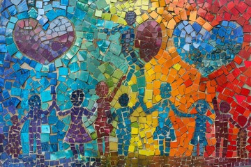 Diverse people in a mosaic holding hands and hearts, symbolizing unity and love, A colorful mosaic showing all the ways a father shows love and support for his children