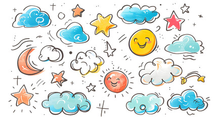 Obraz premium Colorful Hand-Drawn Sky Elements, Cute Cartoon Sun, Moon, Stars, and Clouds, Whimsical Doodle Illustration, Fun and Playful Design with Copy Space