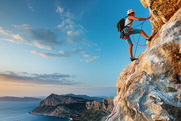 Rock climber ascending a cliff during sunset